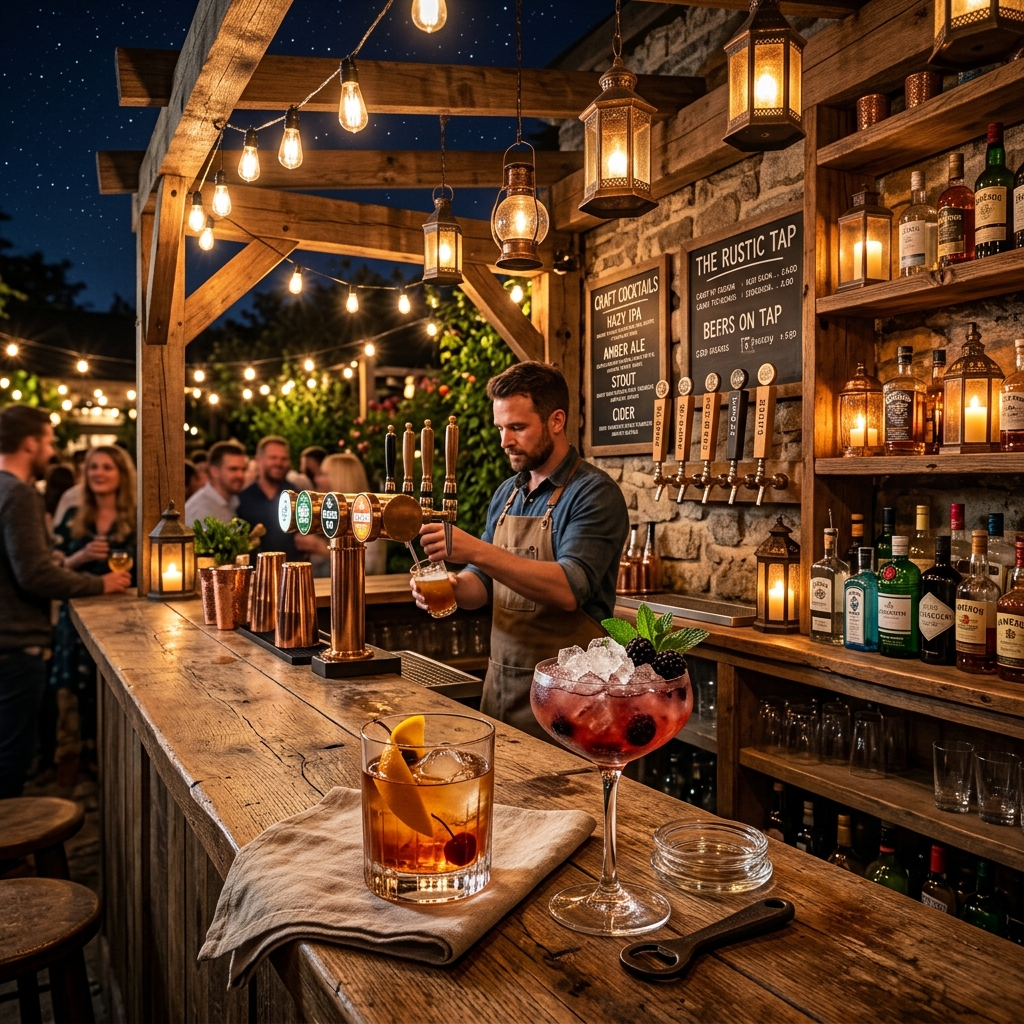 Barra rústica de madera con cocteles listos para servir